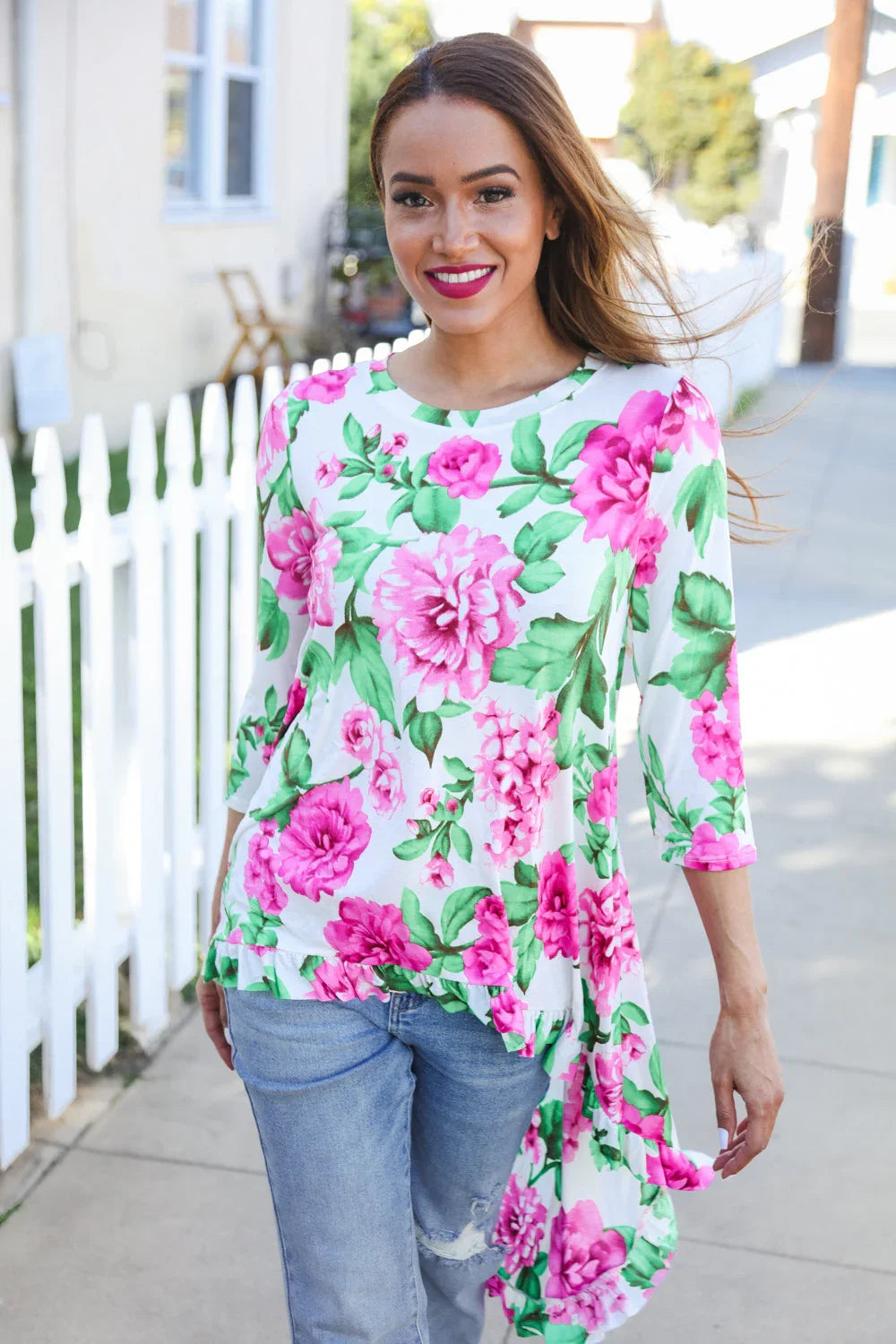 Be Bold Ivory Big Floral Hi-Lo Ruffle Hem Knit Top | Daverri Fashions