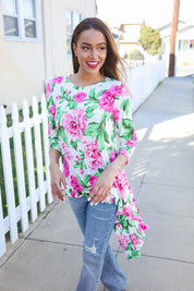 Be Bold Ivory Big Floral Hi-Lo Ruffle Hem Knit Top | Daverri Fashions