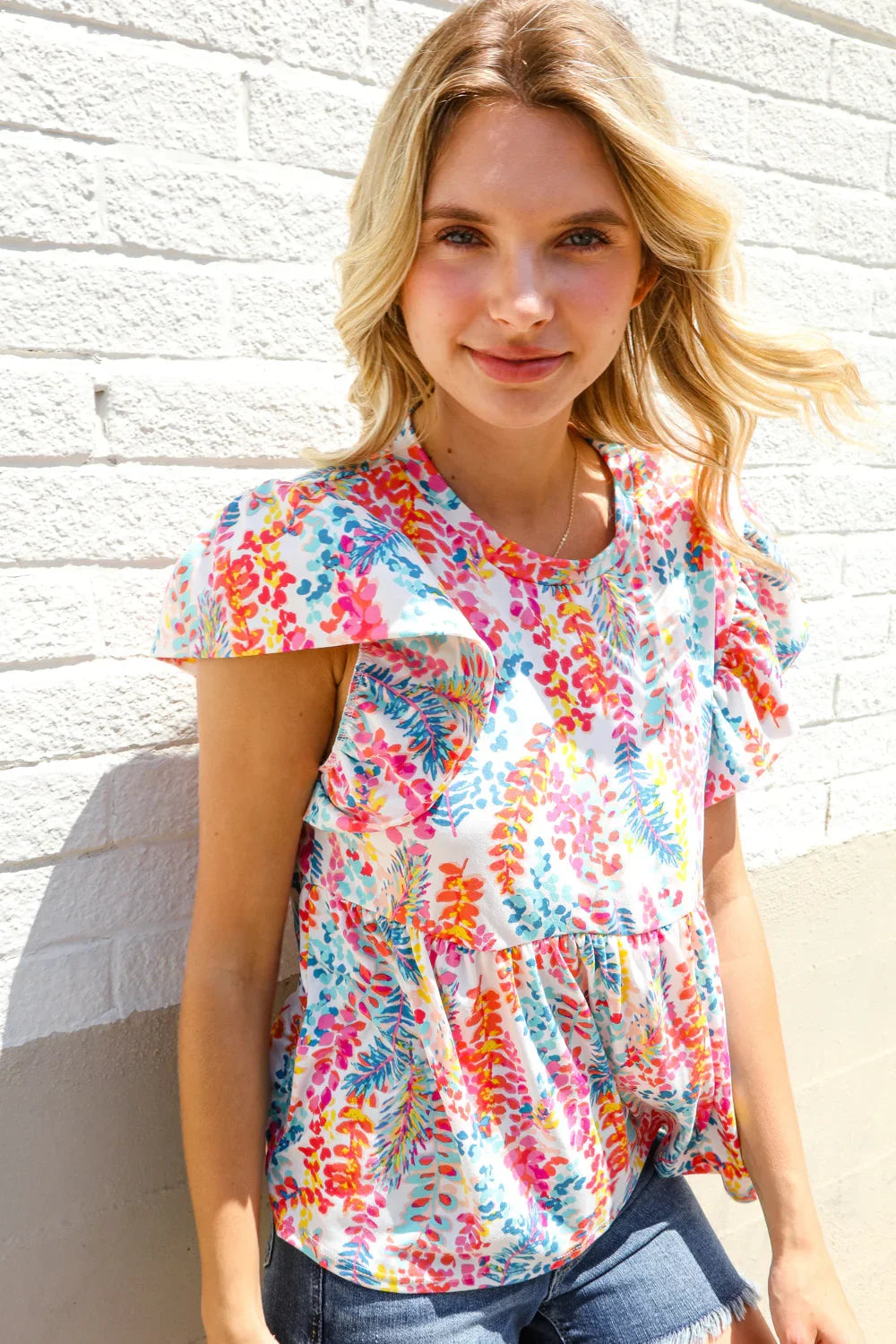 Perfect Find Ivory Floral Leaf Print Short Sleeve Babydoll Top | Daverri Fashions