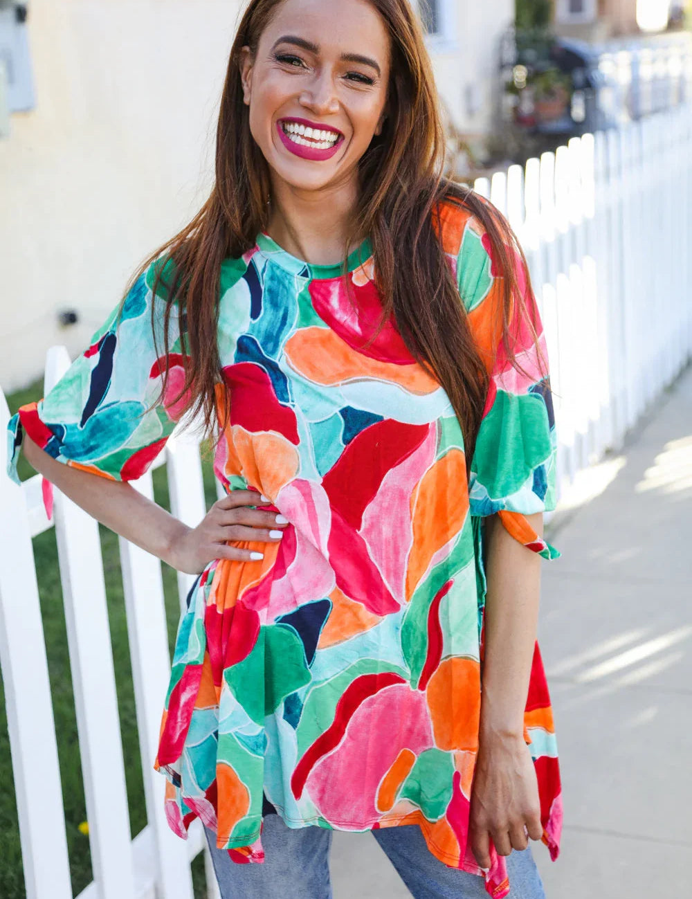 4 Tie Sleeve Shark Bite Hem Abstract Print Tunic | Daverri Fashions