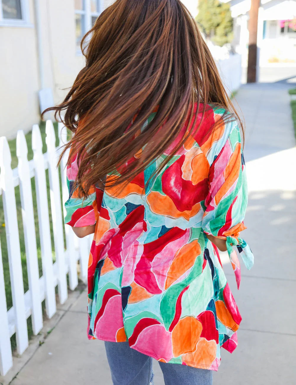 4 Tie Sleeve Shark Bite Hem Abstract Print Tunic | Daverri Fashions