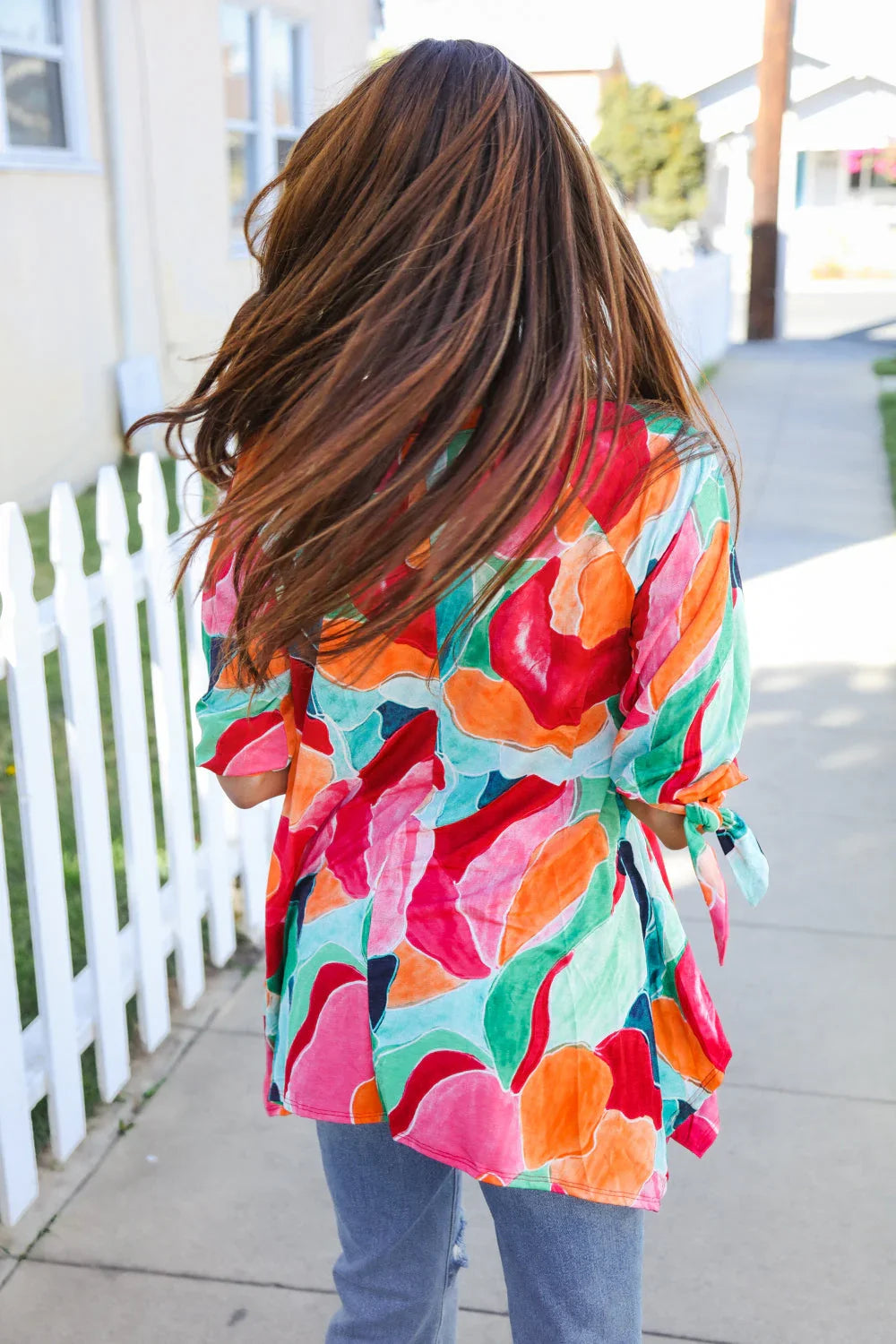 Sieze The Day 3/4 Tie Sleeve Shark Bite Hem Abstract Print Tunic | Daverri Fashions