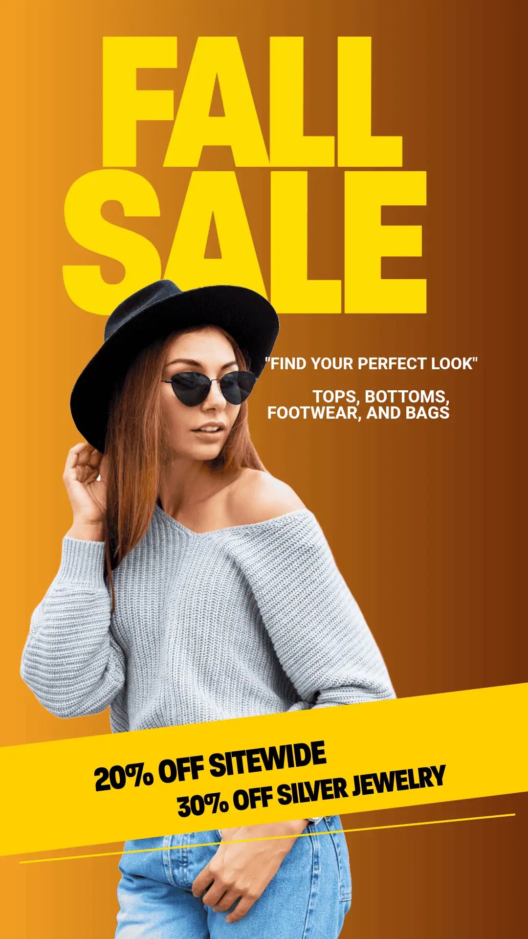 Promotional graphic for a fall sale with a woman wearing sunglasses and a hat on an orange background.
