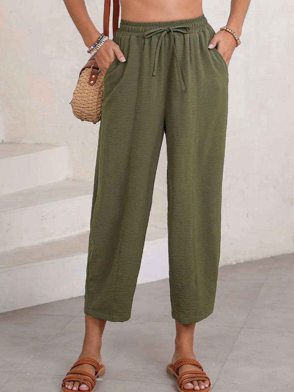 Army Green Full Size Drawstring Cropped Jogger Pants Plus Size | Pants Daverri Fashions