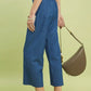 Umgee blue denim wide leg crop pants with high-waisted elastic waist and front pockets