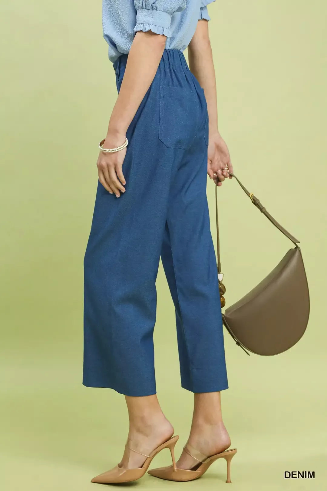 Umgee blue denim wide leg crop pants with high-waisted elastic waist and front pockets