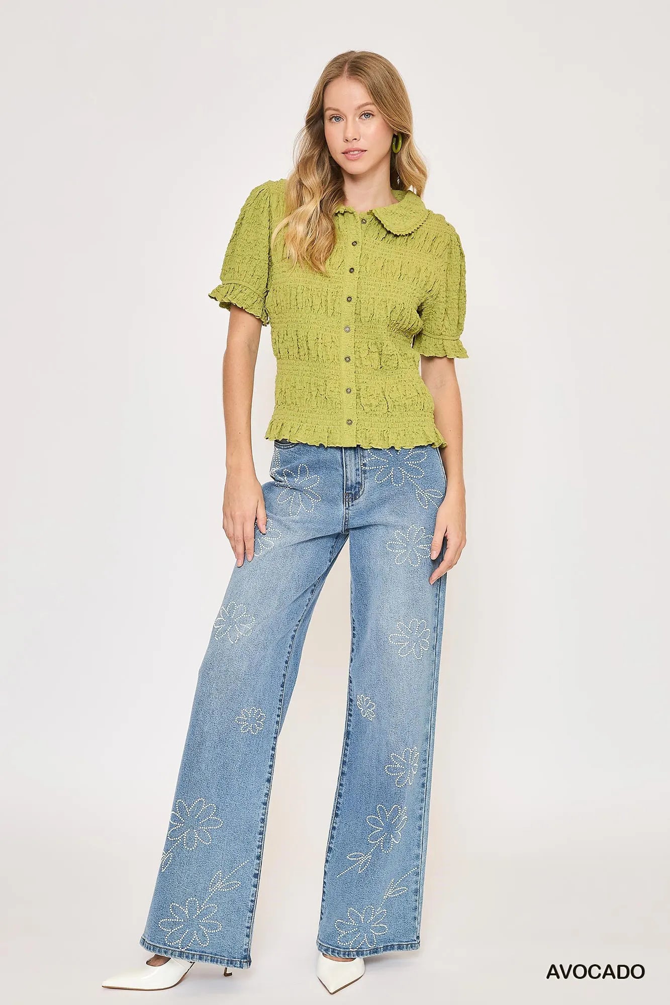 Vibrant lime green Umgee smocked short sleeve button-front shirt with Peter Pan collar