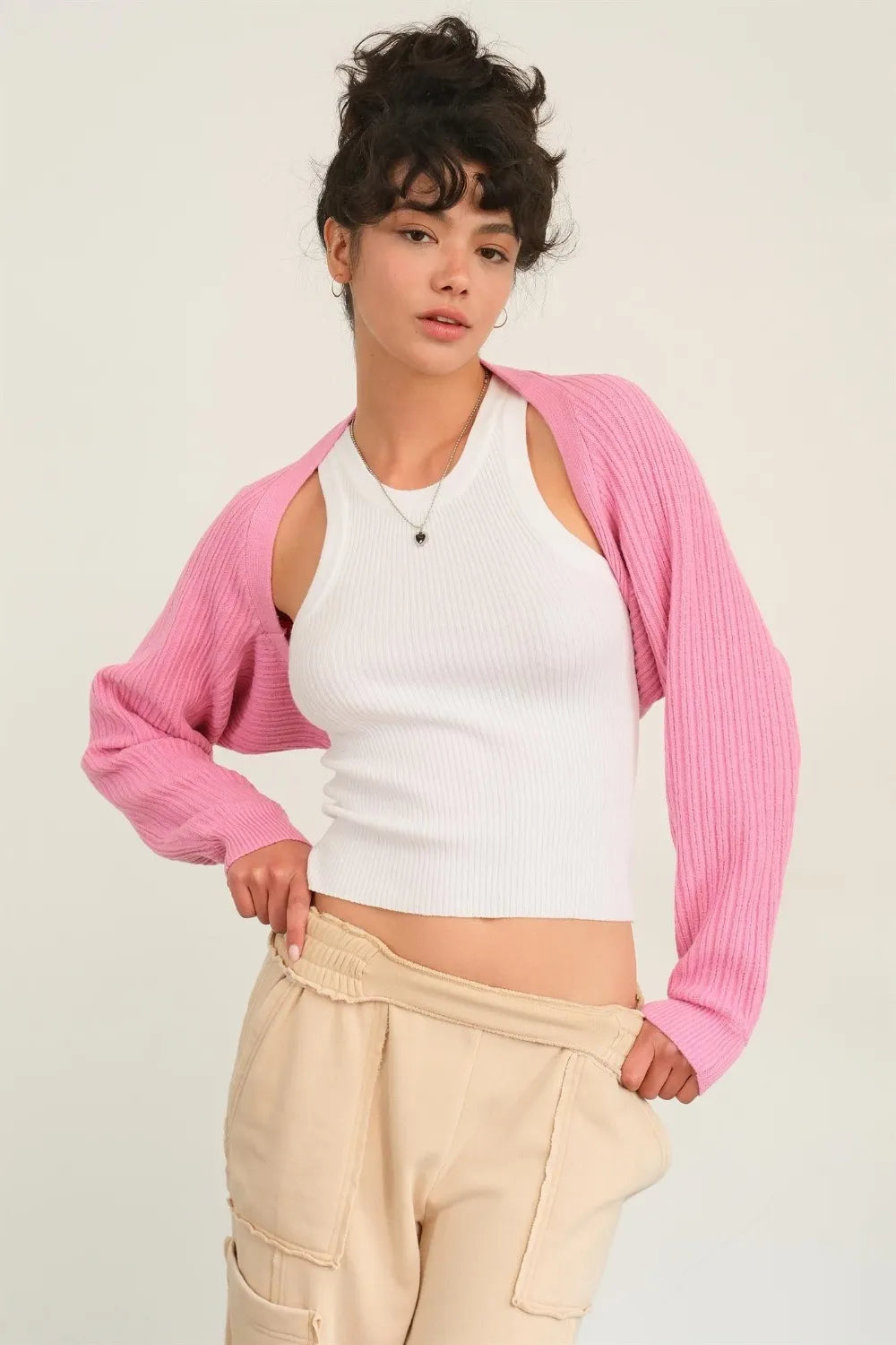 HYFVE Ribbed Knit Bolero Cardigan Rose Pink Cardigans