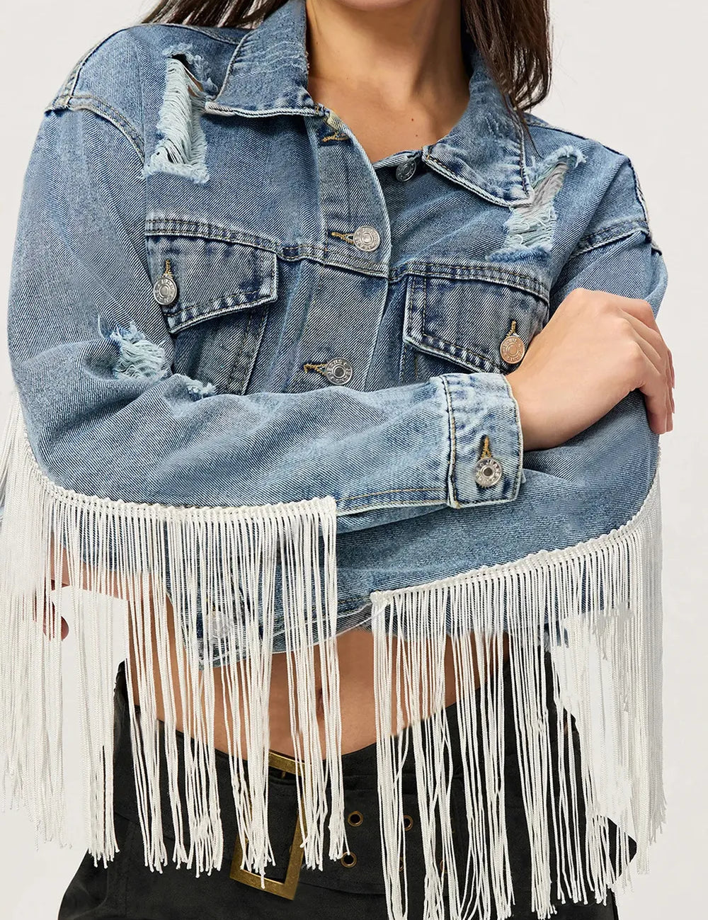 Medium Distressed Fringe Collared Neck Cropped Denim Jacket | Denim Jackets Daverri Fashions