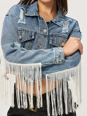 Medium Distressed Fringe Collared Neck Cropped Denim Jacket | Denim Jackets Daverri Fashions