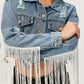 Distressed Fringe Collared Neck Cropped Denim Jacket - DAVERRI FASHIONS