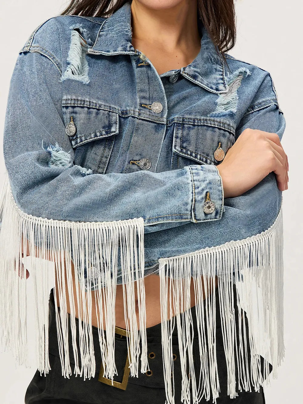 Medium Distressed Fringe Collared Neck Cropped Denim Jacket | Denim Jackets Daverri Fashions