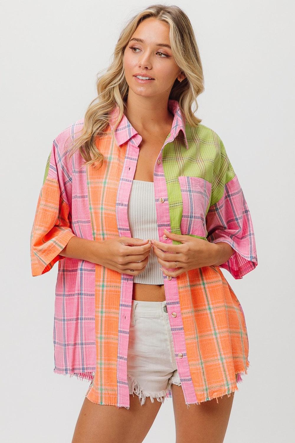 BiBi Plaid Collared Neck Half Sleeve Shirt Shirts & Tops