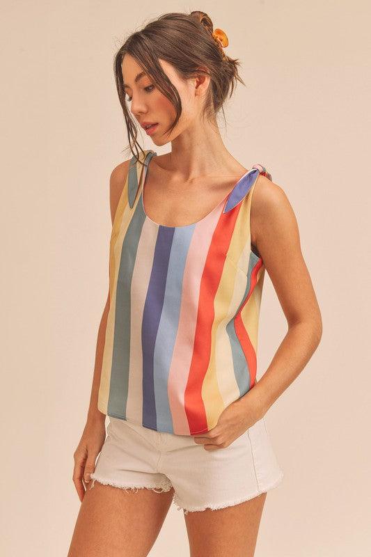 Aemi + Co Contrast Striped Scoop Neck Tie Shoulder Tank Tank Tops