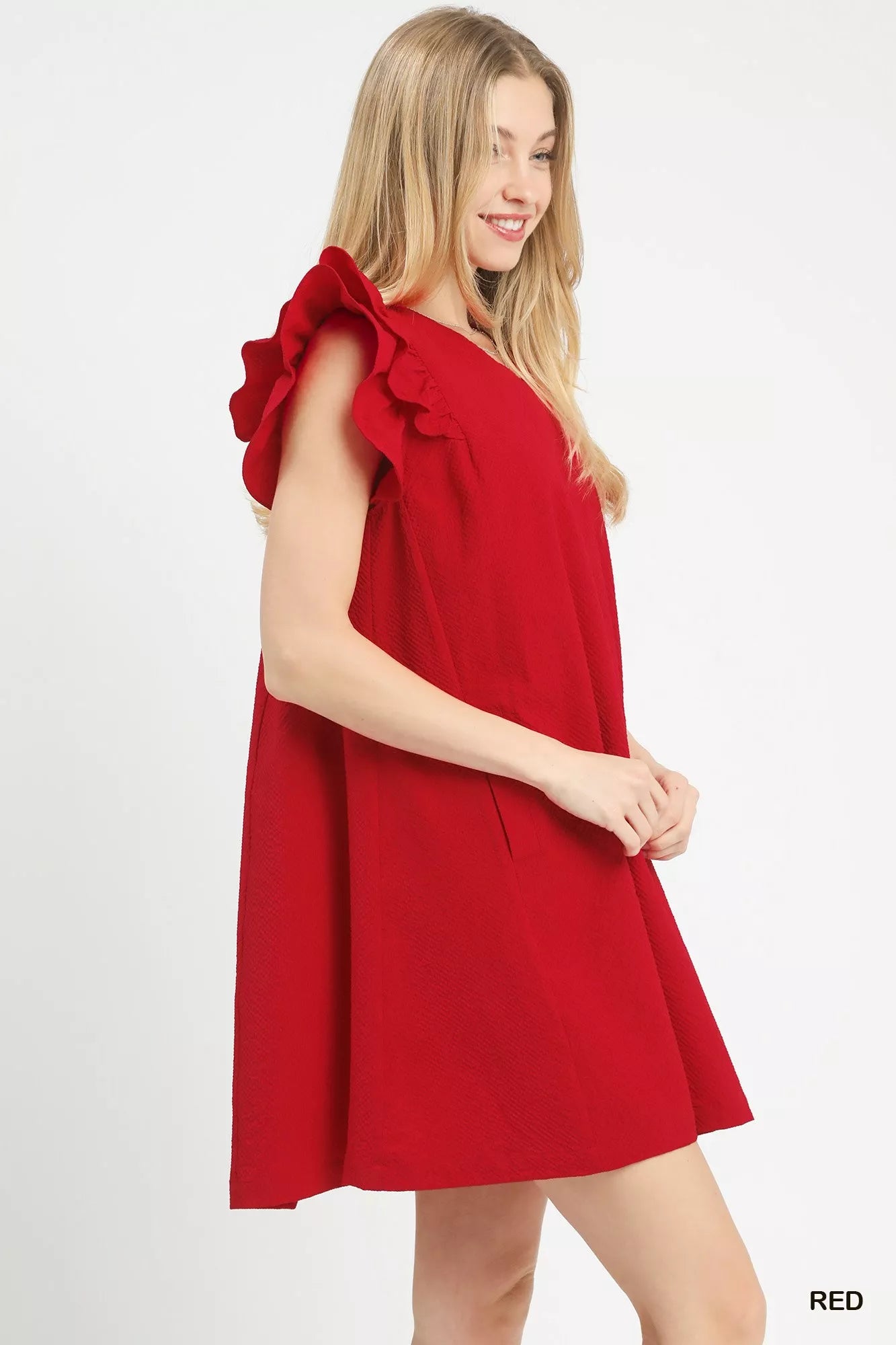 Vibrant red sleeveless Umgee Seersucker Ruffle Shift A-line dress with ruffles