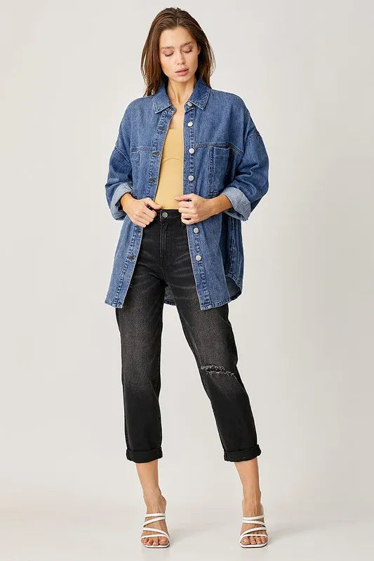 RISEN Button Up Drop Shoulder Denim Shacket Shackets
