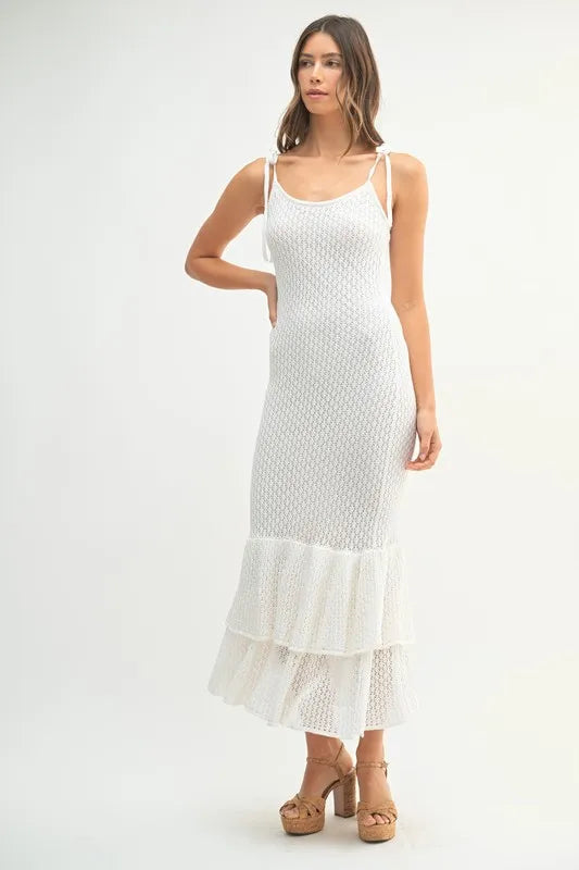 MABLE Sleeveless Shoulder Tie Rose Knit Midi Dress