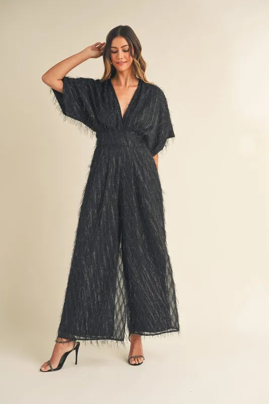 MABLE Fluffy Deep V Neck Wide Leg Jumpsuit Jumpsuits