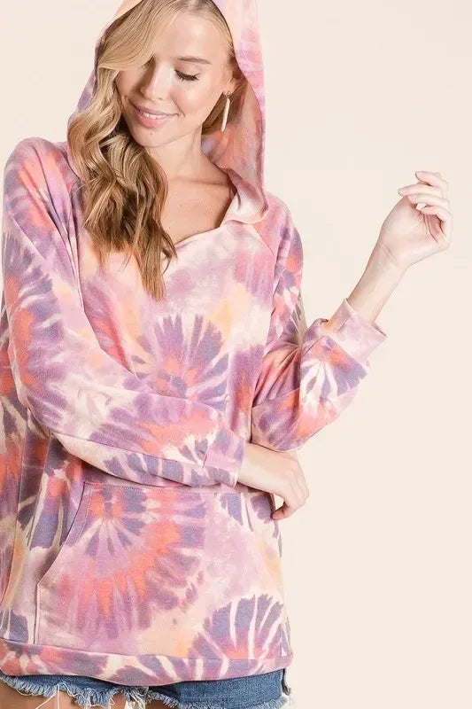 BiBi Circular Tie Dye Print Terry Hoodie with Kangaroo - DAVERRI FASHIONS