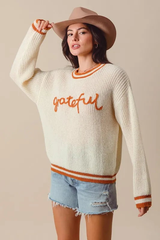 SO ME Thanksgiving Grateful Lettering Stitch Sweater Sweaters
