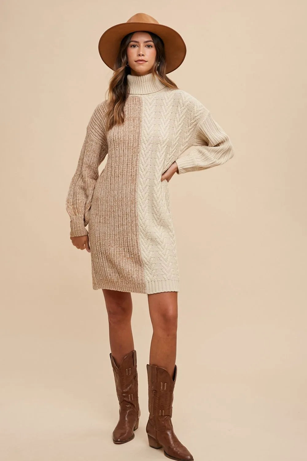 Annie Wear Color Block Turtleneck Sweater Dress Knee Length Dresses