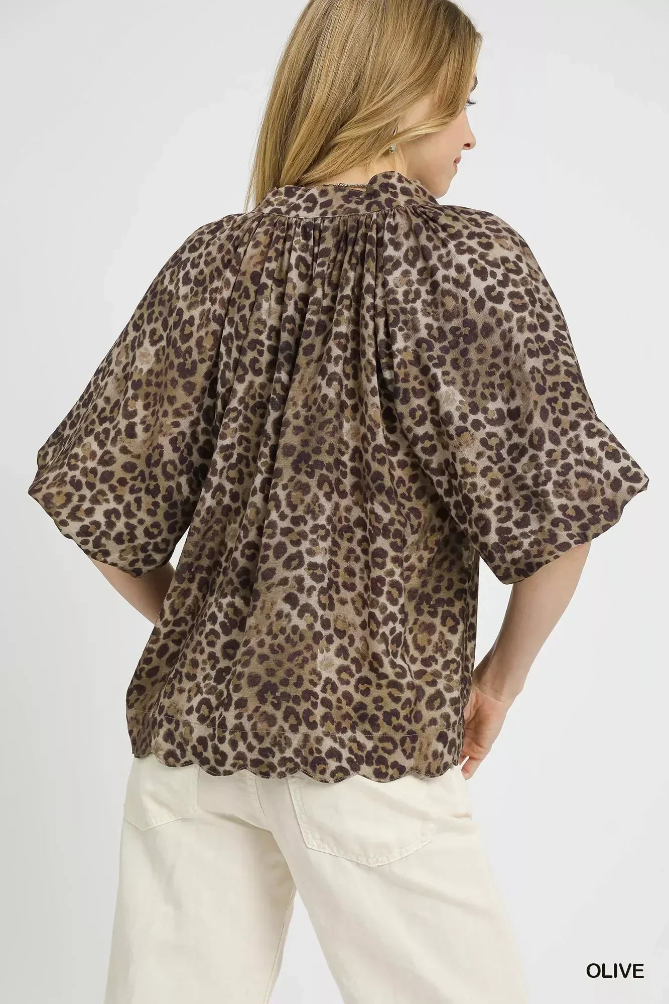 Umgee Leopard Bubble Sleeve Scalloped Hem Blouse - DAVERRI FASHIONS