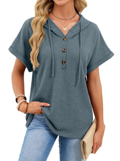 Daverri teal waffle-knit hooded top with short sleeves and wooden buttons