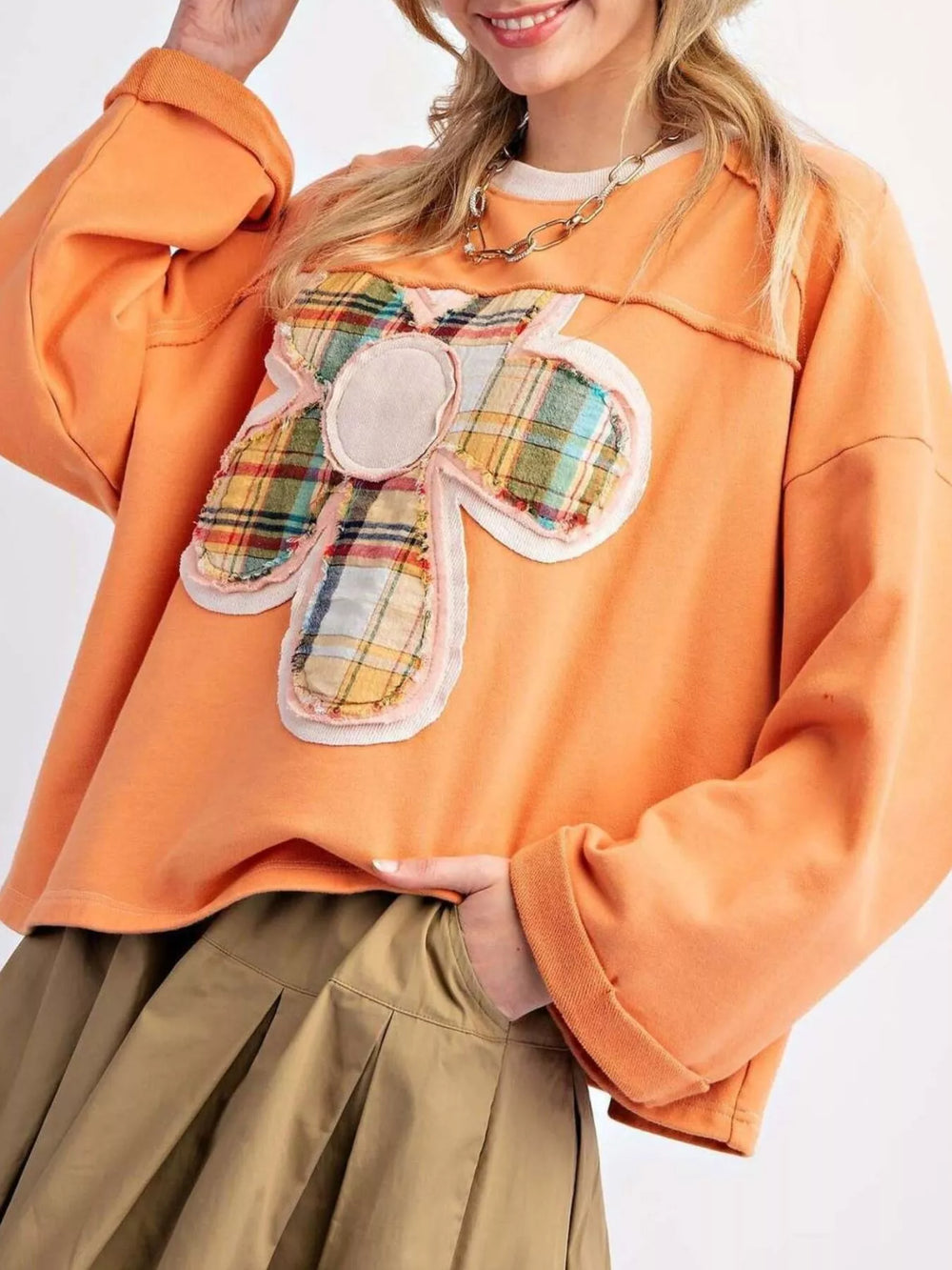 Orange Plaid Flower Patched Round Neck T-Shirt | T-Shirts Daverri Fashions