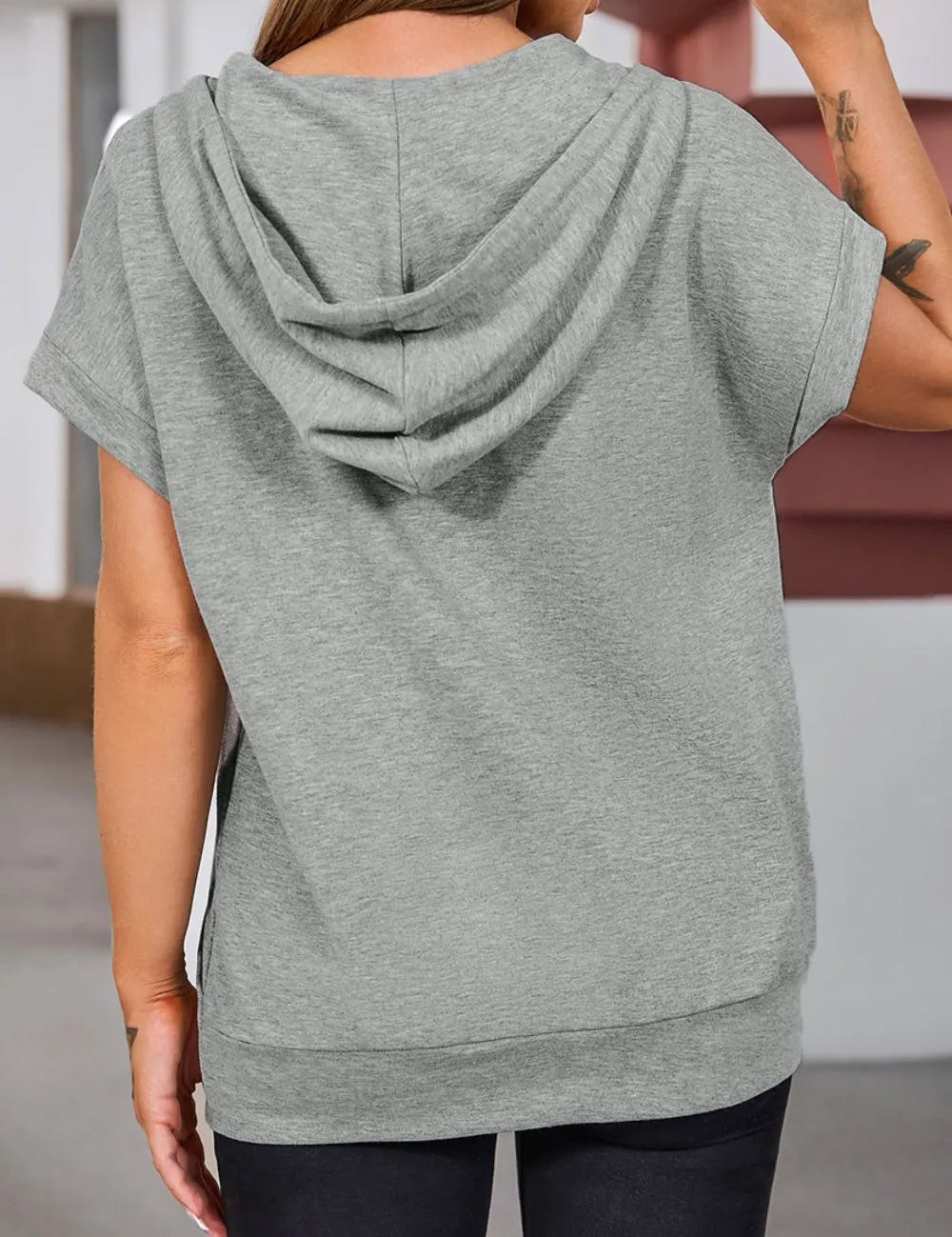 Grey drawstring quarter snap cap sleeve hoodie in soft cotton blend