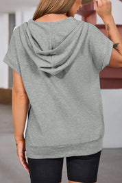 Grey drawstring quarter snap cap sleeve hoodie in soft cotton blend