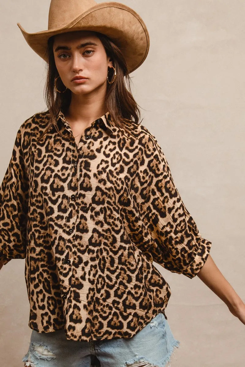 BiBi Leopard Prints Oversized Short Sleeves Top Tops