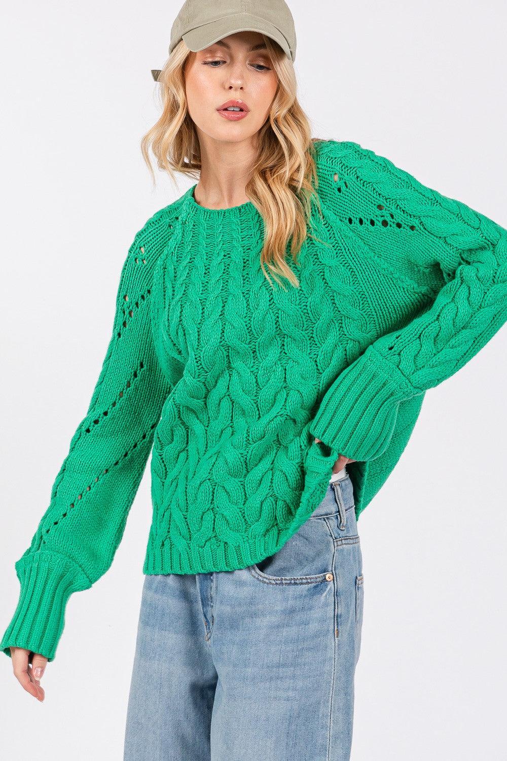 SAGE + FIG Cable-Knit Long Sleeve Sweater Green - DAVERRI FASHIONS