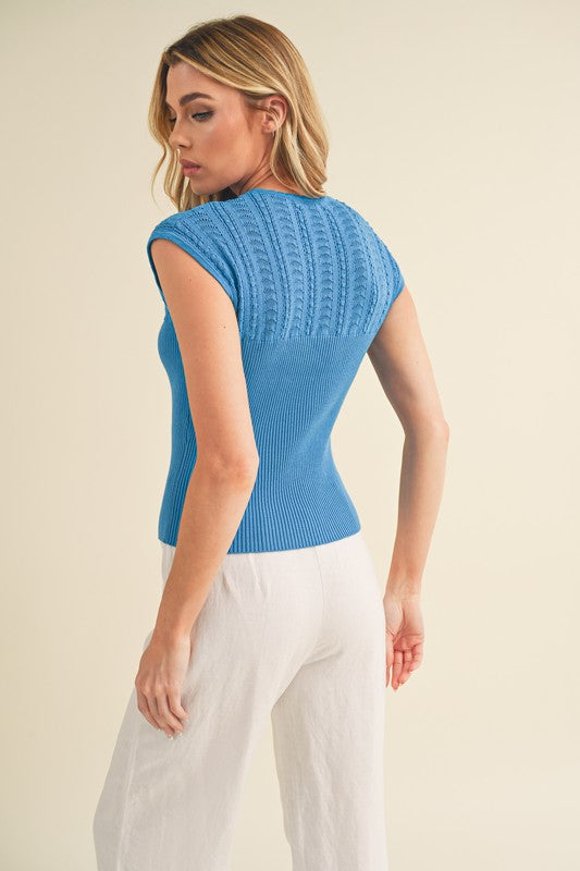 Aemi + Co Openwork Round Neck Cap Sleeve Knit Top