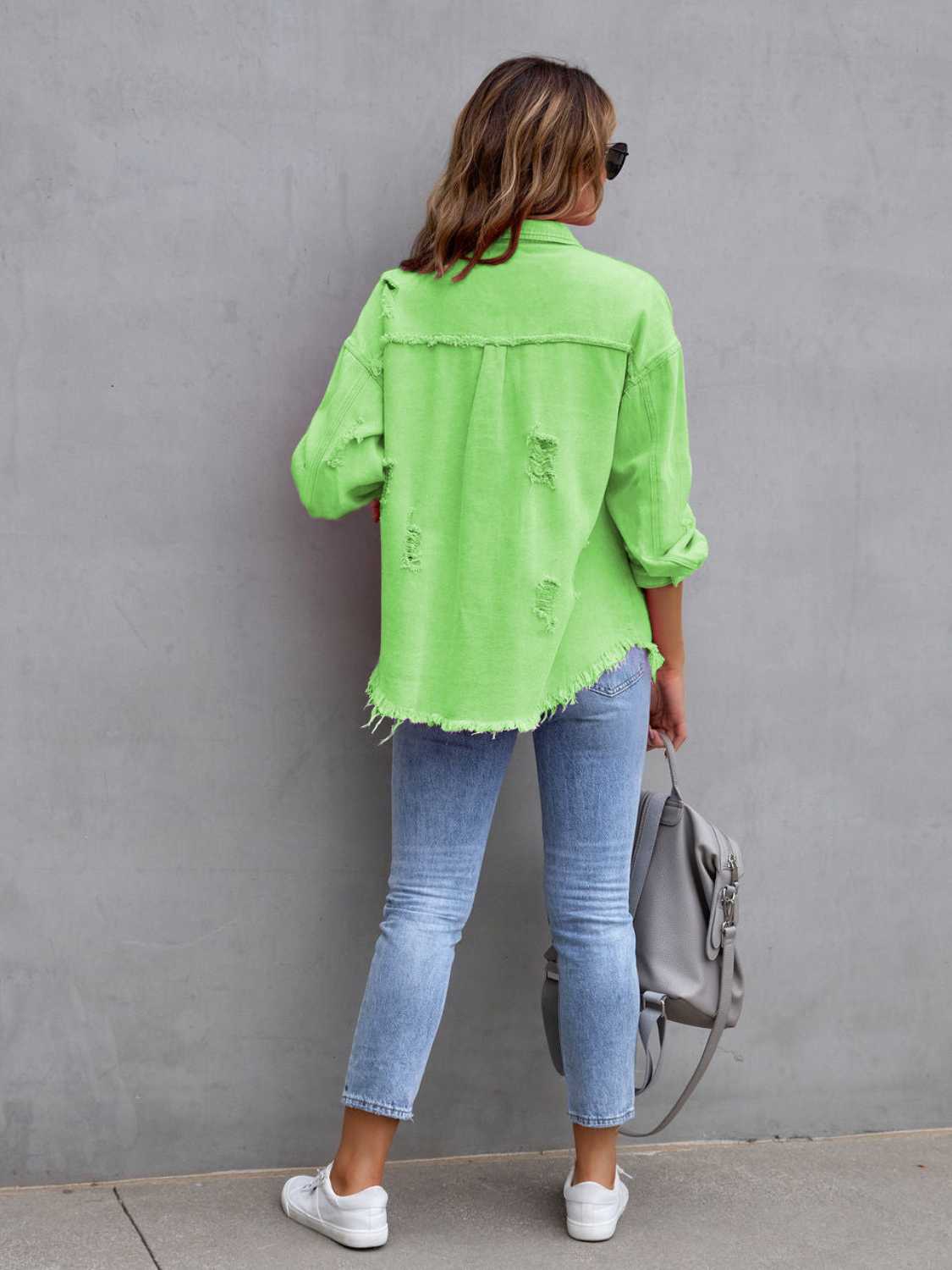 Distressed Drop Shoulder Denim Jacket | Denim Jackets Daverri Fashions