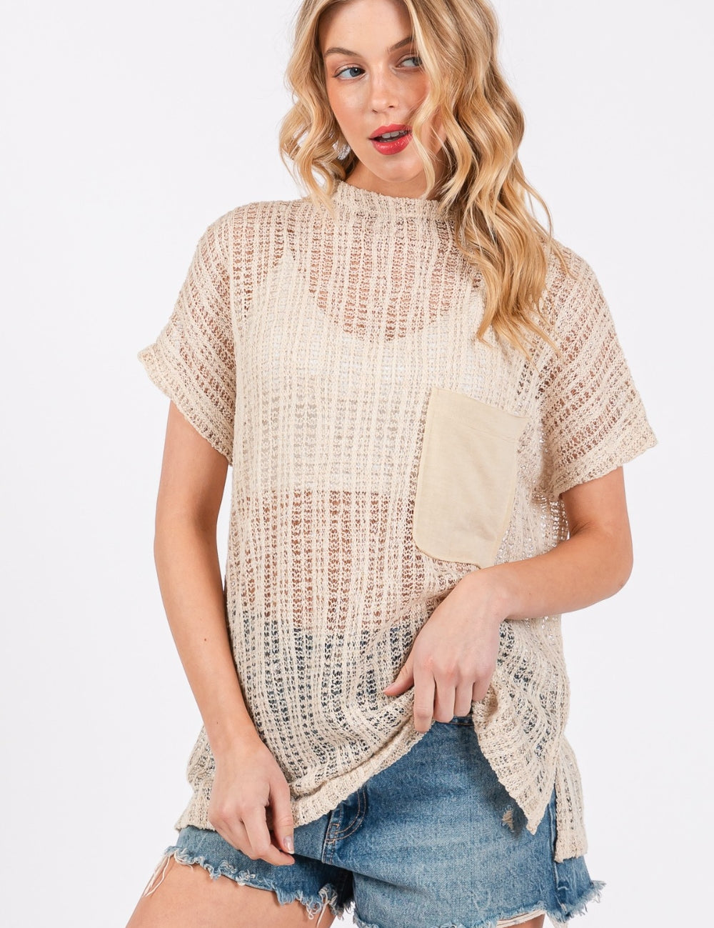 Ces Femme See Through Crochet Mock Neck Cover Up Oatmeal