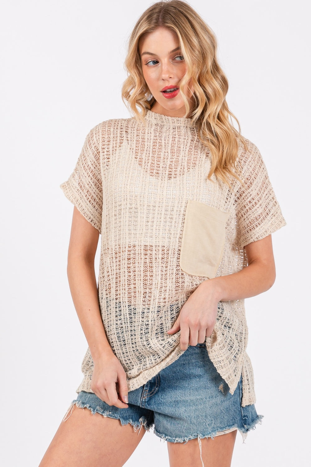 Ces Femme See Through Crochet Mock Neck Cover Up Oatmeal