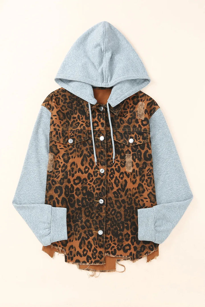 Leopard Distressed Drawstring Hooded Denim Jacket | Denim Jackets Daverri Fashions