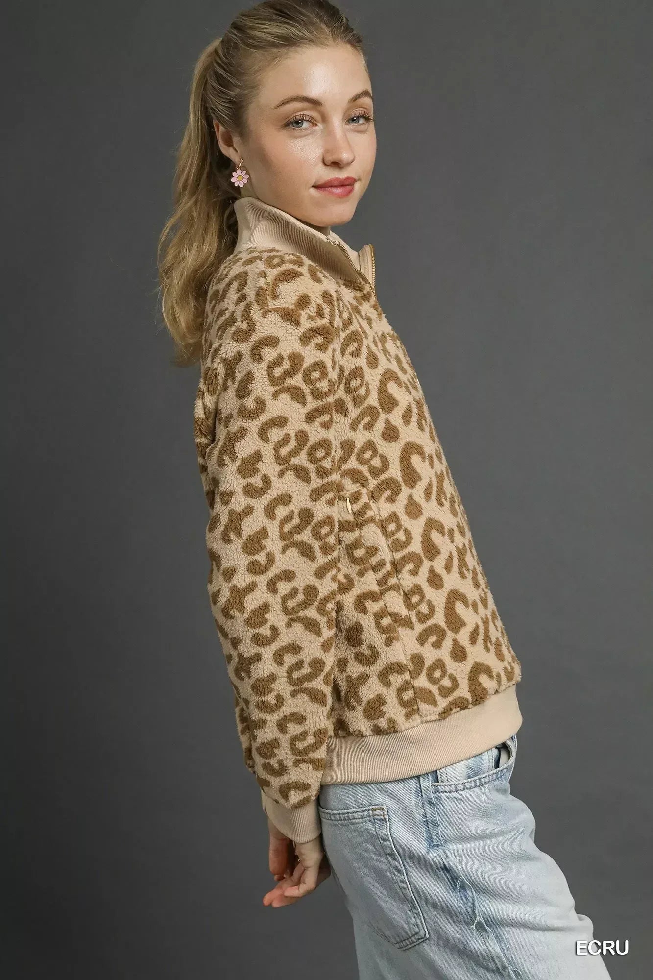 Umgee Leopard Print Quarter-Zip Sweatshirt - DAVERRI FASHIONS