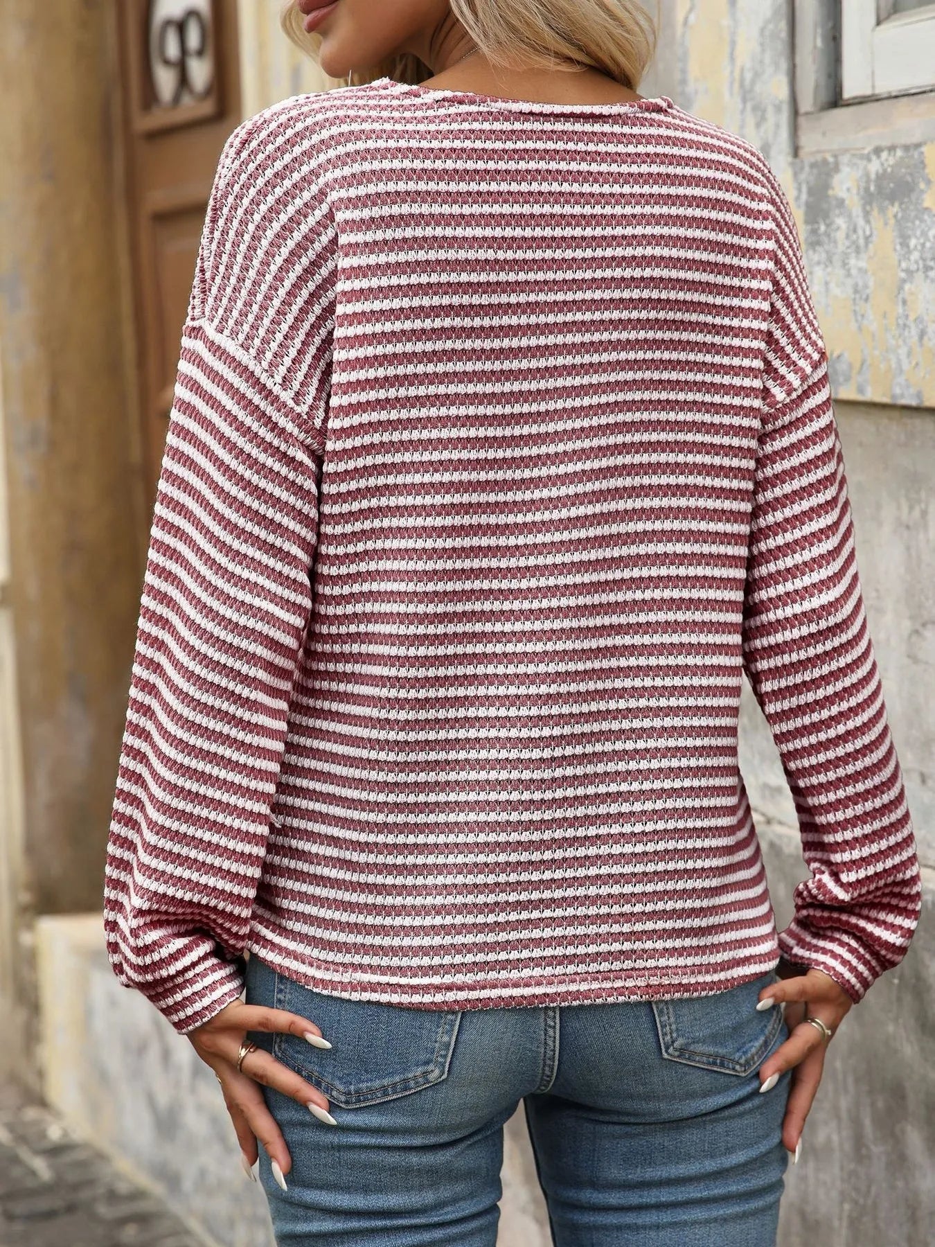 Striped V-Neck Button Front Casual Top | Knit Tops Daverri Fashions