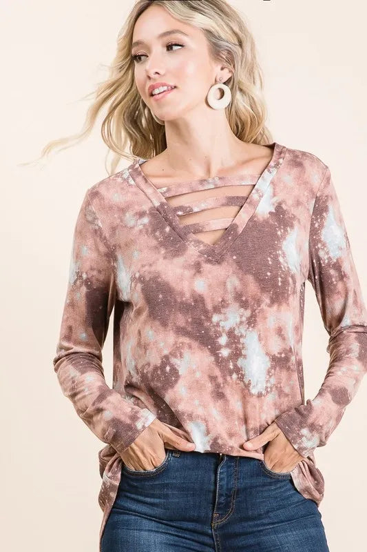 BiBi Tie Dye French Terry V-Neck Top