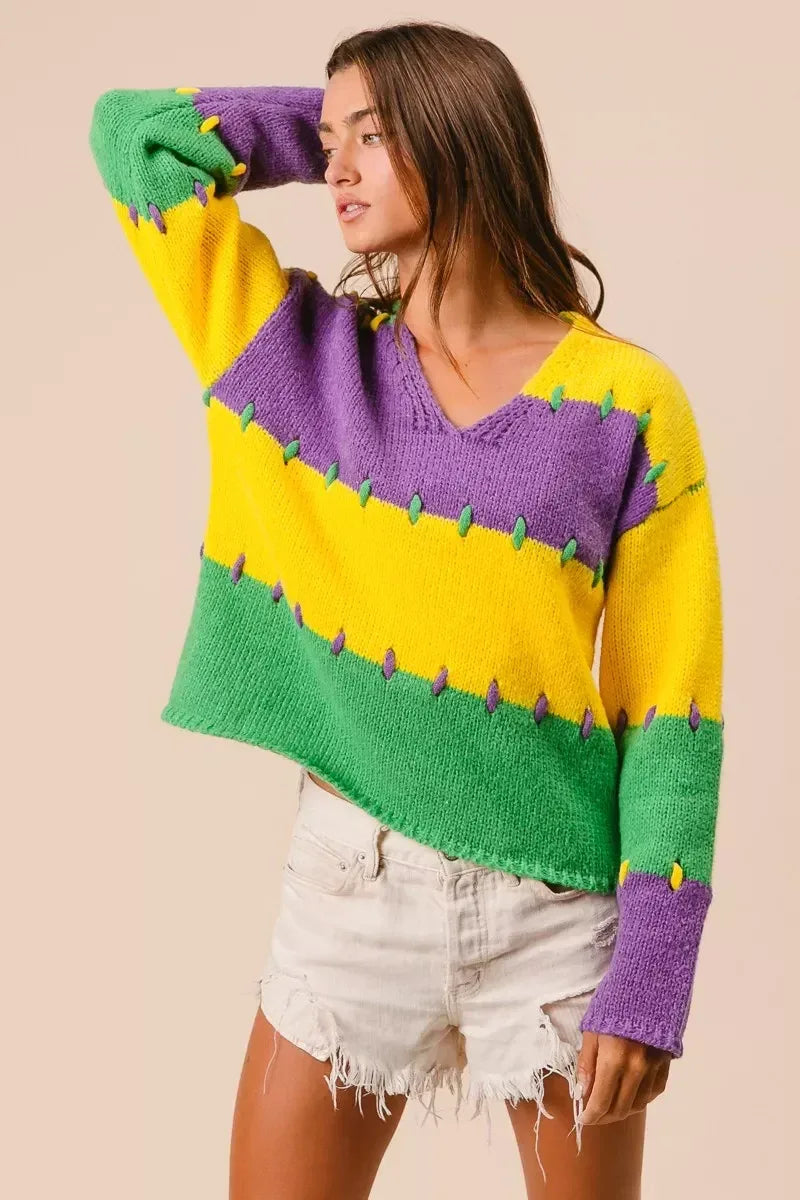 BiBi Stitch Detail Mardi Gras Stripes Sweater - DAVERRI FASHIONS