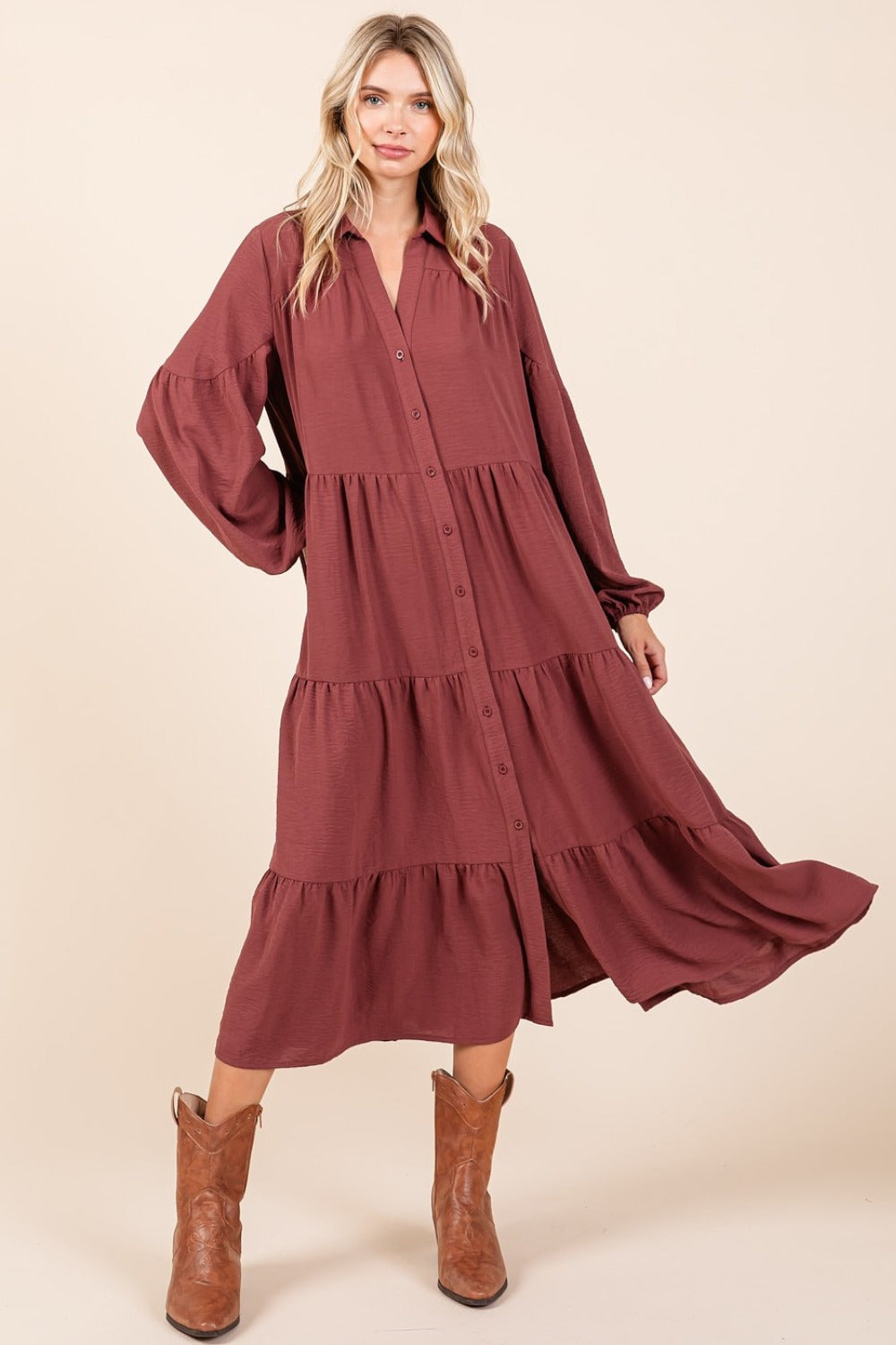 Mittoshop Tiered Button Down Long Sleeve Midi Dress Mid Dresses