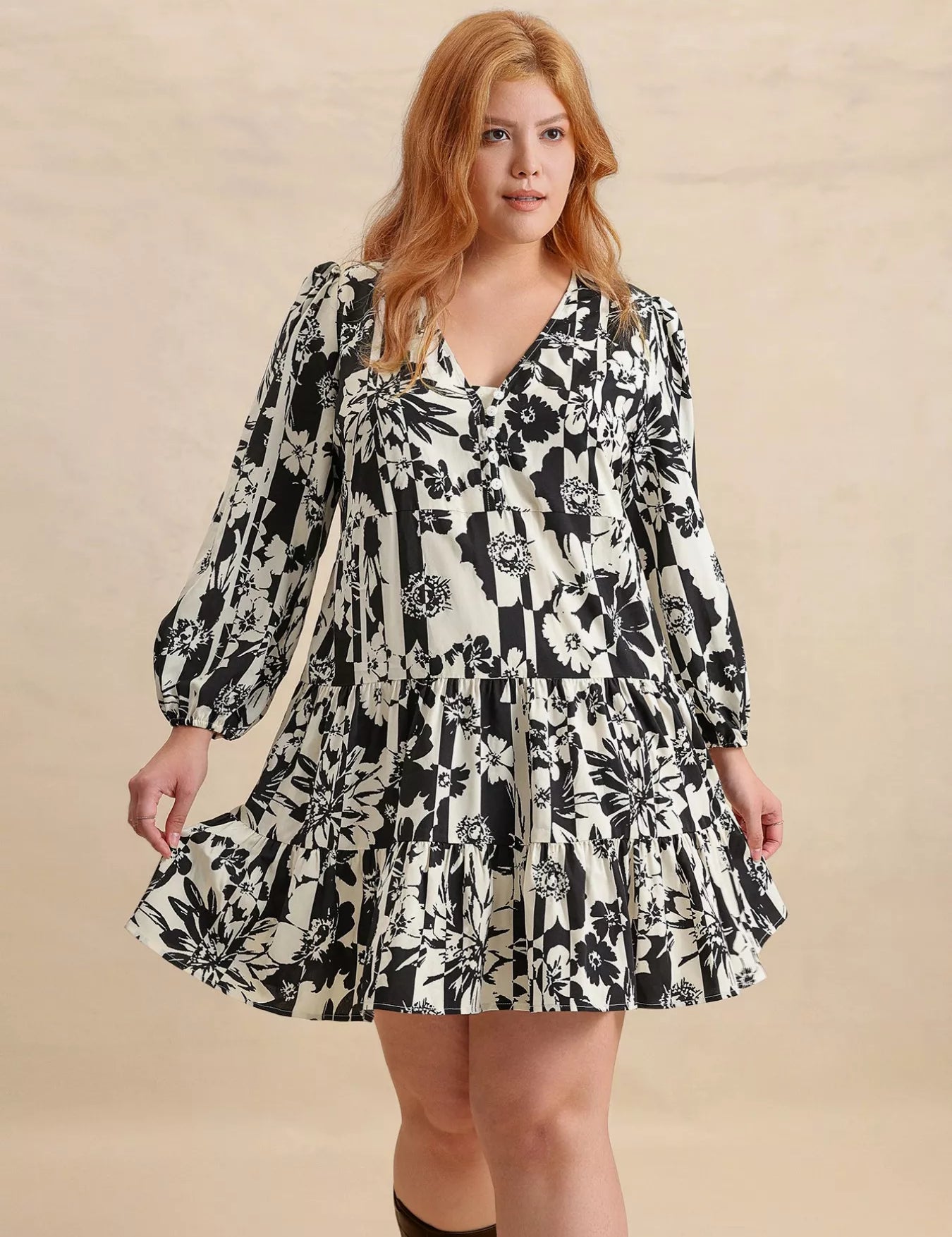 Plus Size Printed V-Neck Long Sleeve Mini Dress | Mini Dresses Daverri Fashions
