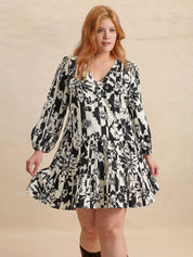 Plus Size Printed V-Neck Long Sleeve Mini Dress | Mini Dresses Daverri Fashions