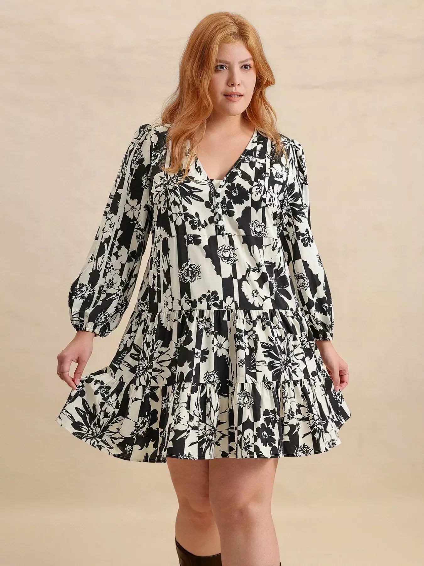 Plus Size Printed V-Neck Long Sleeve Mini Dress - DAVERRI FASHIONS
