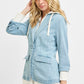 RISEN light blue denim one button blazer with hood and white lining