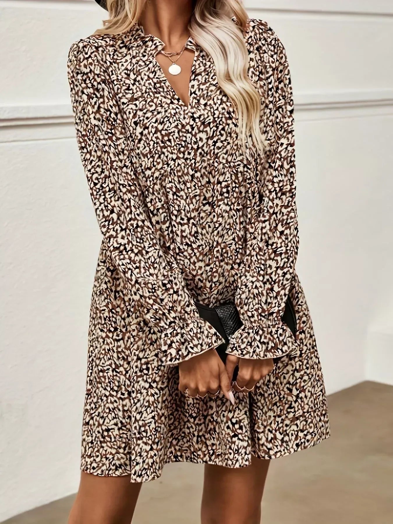 Notched Flounce Sleeve Mini Dress - DAVERRI FASHIONS