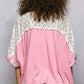 POL Candy Pink Floral Patchwork Lace Blouse with textured woven body and delicate lace sleeves