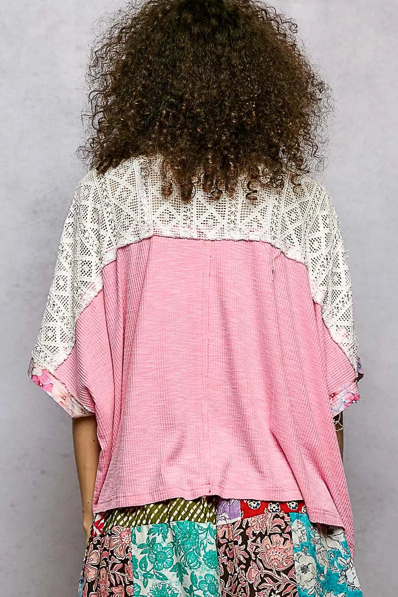 POL Candy Pink Floral Patchwork Lace Blouse with textured woven body and delicate lace sleeves
