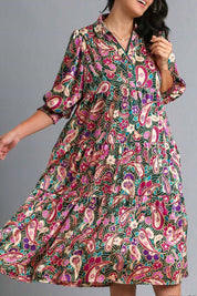Umgee Full Size Paisley Print Satin Tiered Midi Dress Plus Size | Mid Dresses Daverri Fashions